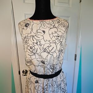 Loft Floral Print Sleeveless Dress - Cream and Black w/ Pink Trim Women's Sz S